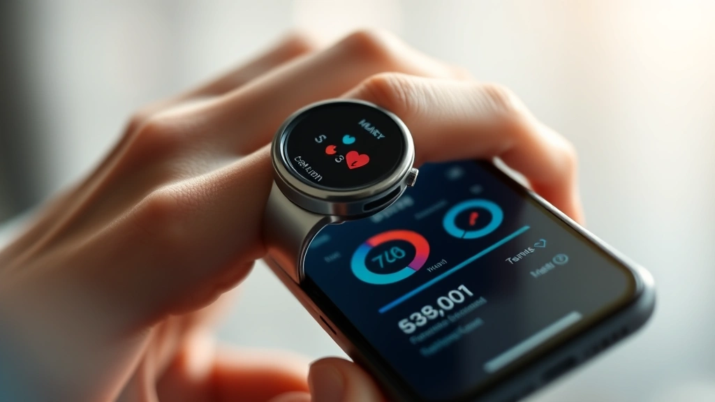 Close-up of sophisticated health ring displaying biometric data on smartphone screen, heart rate and sleep metrics visible, person reviewing health dashboard, calm wellness aesthetic, soft lighting