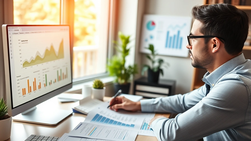 Successful individual at desk reviewing financial documents and health data simultaneously, charts and graphs on screen, prosperous office setting, natural light, demonstrating integration of health and wealth planning