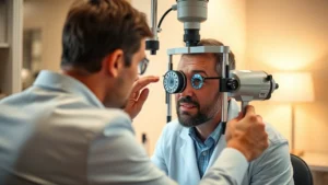 Professional optometrist examining patient's eyes using advanced diagnostic equipment in modern medical office setting, warm lighting, close-up of eye examination