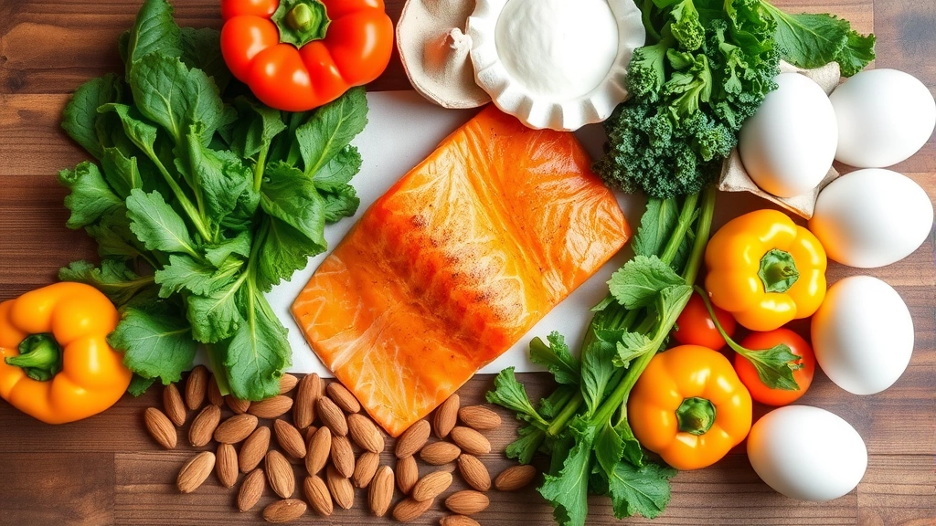 Vibrant assortment of nutrient-dense foods arranged on wooden table: fresh spinach, kale, salmon fillet, almonds, colorful bell peppers, oranges, and eggs
