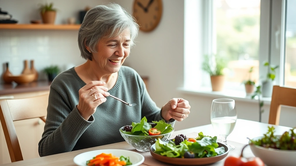 Mature woman enjoying fresh salad with leafy greens and vegetables at dining table, natural window light, healthy eating lifestyle, warm home setting