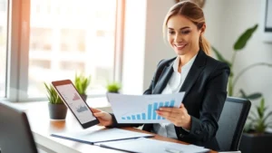 Professional woman in business casual attire reviewing financial documents and health metrics on tablet, sitting at modern desk with plants, natural lighting from window, confident and focused expression