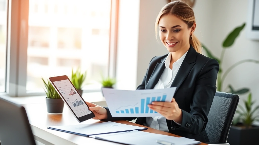 Professional woman in business casual attire reviewing financial documents and health metrics on tablet, sitting at modern desk with plants, natural lighting from window, confident and focused expression