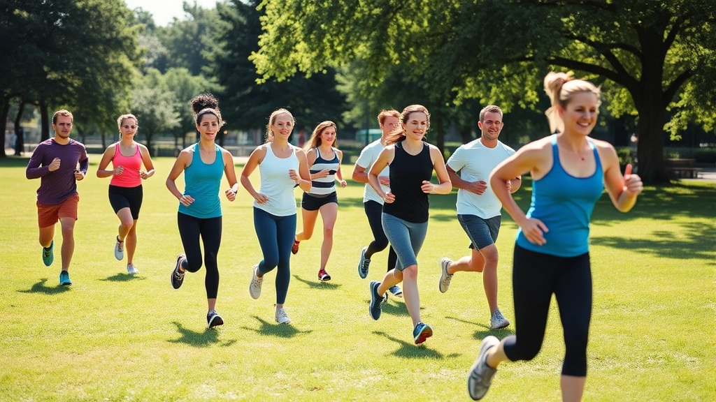 Diverse group of people exercising outdoors in park setting, jogging and stretching on grass, bright sunny day, healthy and energetic atmosphere, representing preventive wellness lifestyle