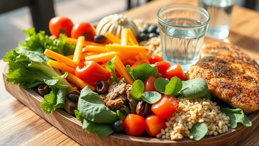 Close-up of nutritious meal on wooden table including fresh vegetables, grains, lean protein, and water glass, artfully arranged, natural daylight, vibrant colors emphasizing healthy eating