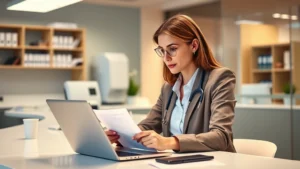 Professional woman in business attire reviewing health records at modern clinic desk with laptop, warm lighting, focused expression, organized healthcare office environment