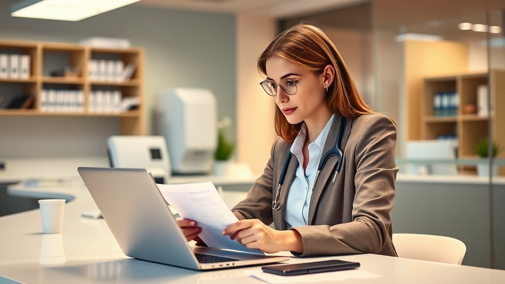 Professional woman in business attire reviewing health records at modern clinic desk with laptop, warm lighting, focused expression, organized healthcare office environment