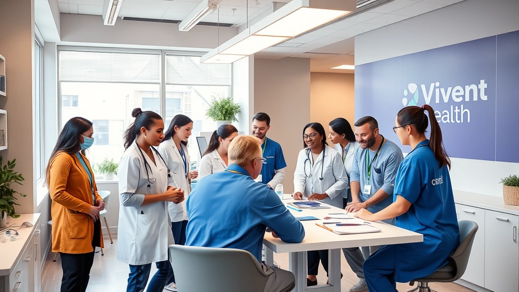 Diverse group of healthcare professionals in Vivent Health branded environment collaborating around patient care table, modern clinic interior, natural light, collaborative atmosphere
