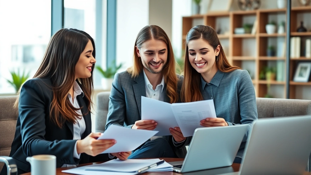 Young professional couple meeting with financial advisor in contemporary office, reviewing healthcare insurance documents and financial plans together, confident expressions, organized workspace