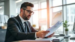 Professional businessman in modern office reviewing financial documents and charts on desk, confident expression, natural lighting, wearing business suit, surrounded by success indicators