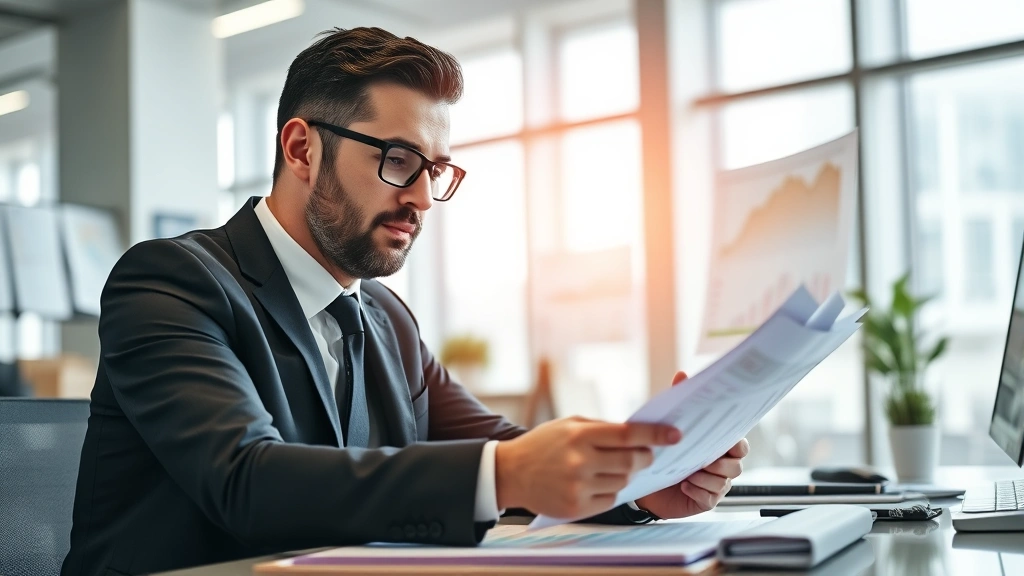 Professional businessman in modern office reviewing financial documents and charts on desk, confident expression, natural lighting, wearing business suit, surrounded by success indicators