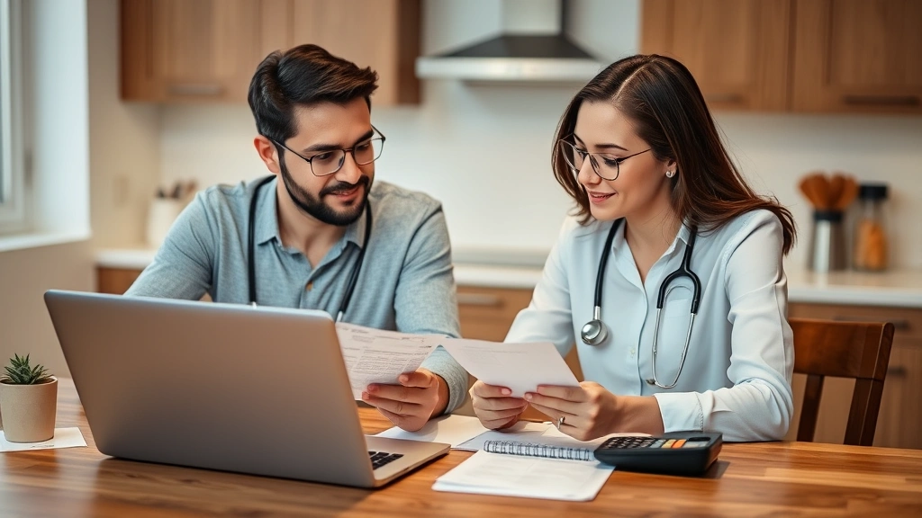 Young professional couple reviewing healthcare costs and medical bills at kitchen table with laptop and calculator, thoughtful discussion about expense optimization