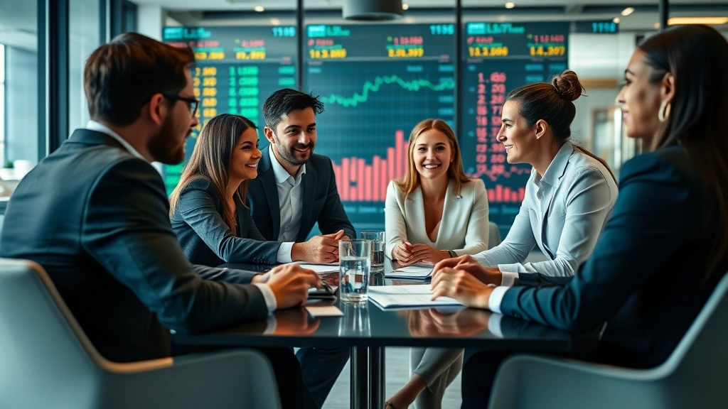 Diverse group of professionals in collaborative business meeting discussing investment strategy and wealth planning, modern conference room with financial data visible in background