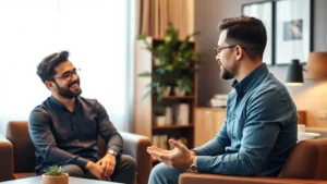 Professional male therapist in modern office environment conducting counseling session with attentive male client, warm lighting, comfortable setting, genuine human connection, diverse representation, therapeutic atmosphere