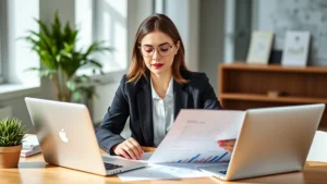 Professional woman in business attire reviewing financial documents and charts at modern desk with laptop, confident expression, natural office lighting, wealth planning concept