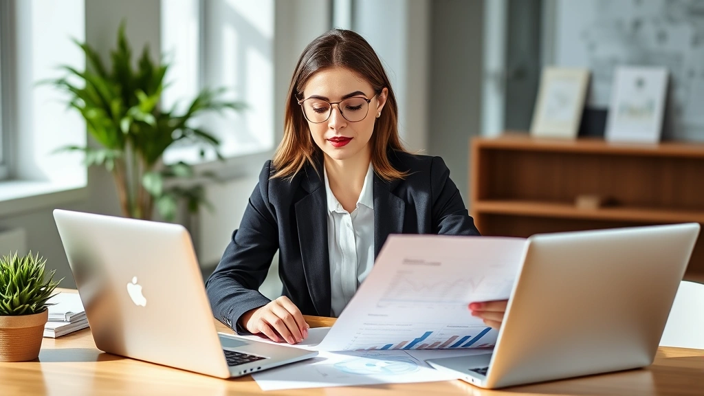 Professional woman in business attire reviewing financial documents and charts at modern desk with laptop, confident expression, natural office lighting, wealth planning concept