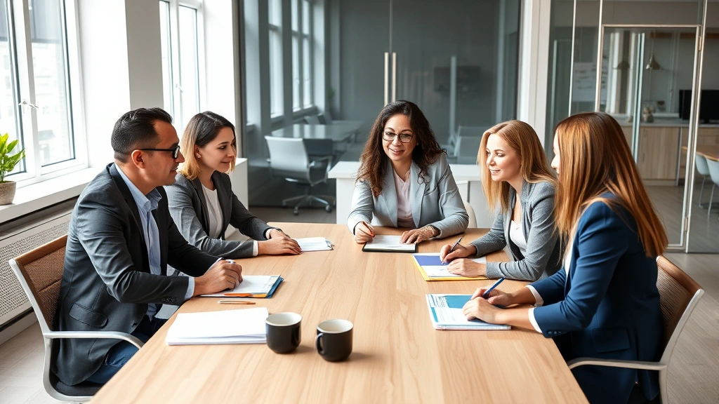 Diverse group of professionals in casual business wear having collaborative meeting around table with notebooks and coffee, discussing financial goals and growth strategies, bright modern office setting