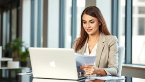 Professional woman in modern office setting, sitting confidently at desk, looking at financial documents and laptop, natural lighting from windows, calm and focused expression, professional business attire