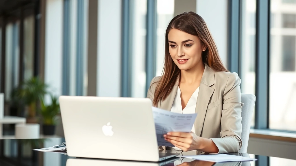 Professional woman in modern office setting, sitting confidently at desk, looking at financial documents and laptop, natural lighting from windows, calm and focused expression, professional business attire