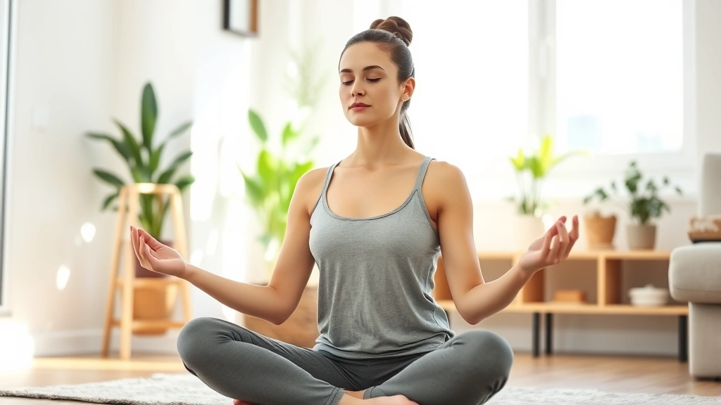 Woman practicing meditation or yoga in peaceful home environment, sitting peacefully with serene expression, natural light, plants visible in background, representing stress management and mental wellness