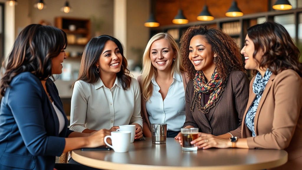 Diverse group of women in professional setting having a supportive conversation, smiling and engaged, coffee shop or casual business environment, representing community support and connection