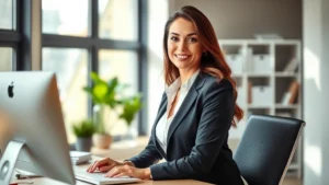 Professional woman in business attire looking confident and energetic at her desk, natural lighting, warm professional environment, healthy posture suggesting vitality and wellness