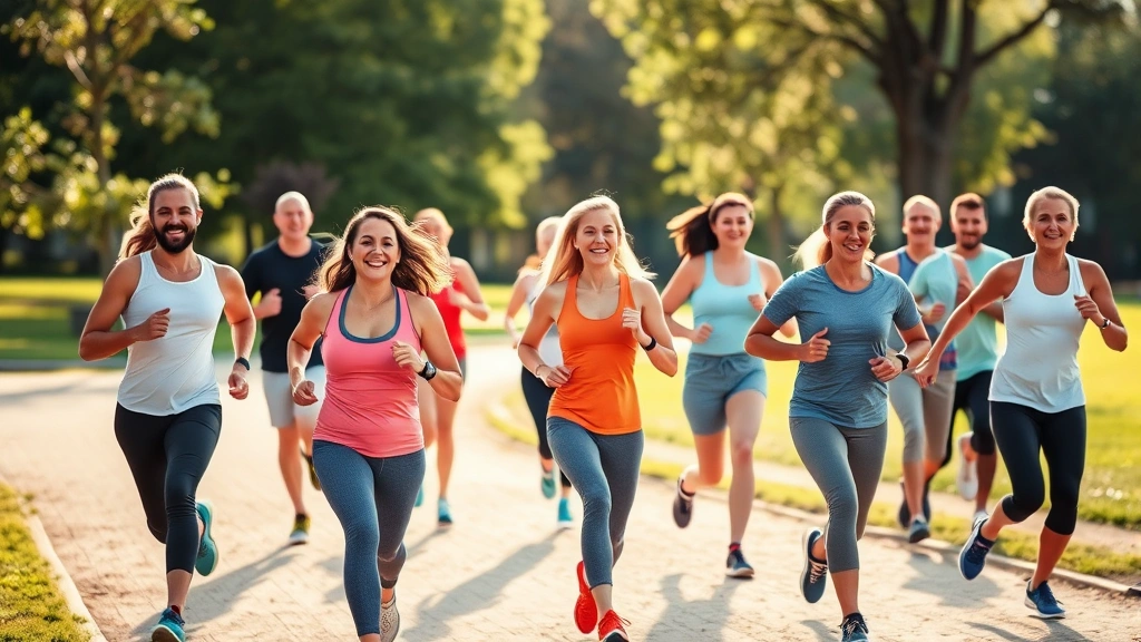 Diverse group of people exercising outdoors in a park, jogging and stretching, morning sunlight, beautiful natural setting, expressions of joy and health, professional photography style