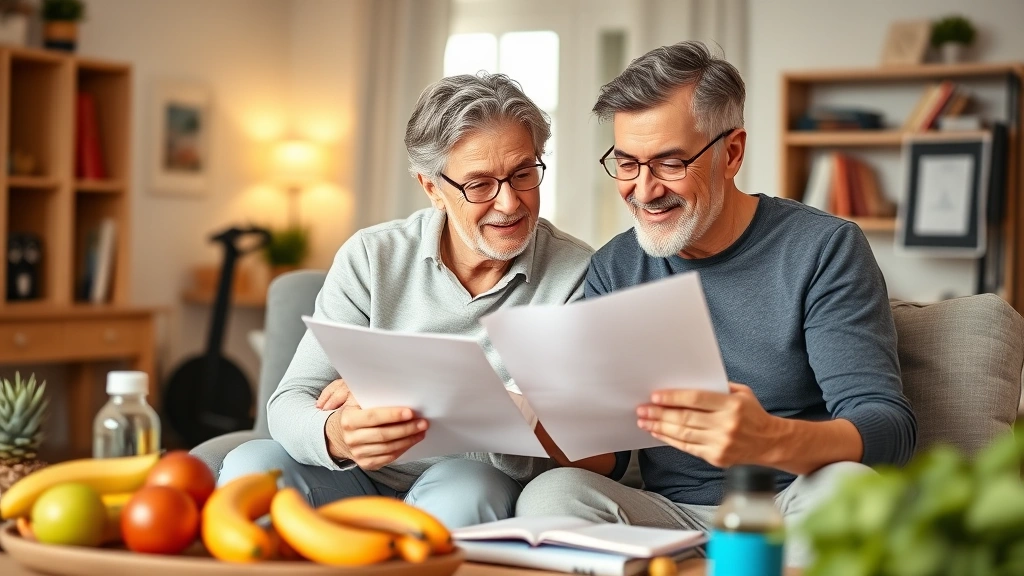 Mature couple reviewing financial documents together at home with healthy lifestyle elements visible—fresh fruit, water bottles, exercise equipment in background, warm domestic setting suggesting financial security and wellness