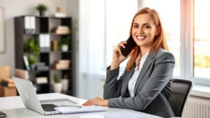 Professional woman in business casual attire smiling while holding a phone, sitting at a modern home office desk with laptop and documents, bright natural lighting, warm inviting atmosphere, confident and approachable expression