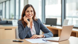 Professional woman in business attire smiling while holding a phone, sitting at a desk with healthcare documents, representing customer service and health information support
