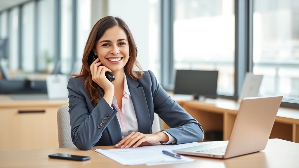 Professional woman in business attire smiling while holding a phone, sitting at a desk with healthcare documents, representing customer service and health information support