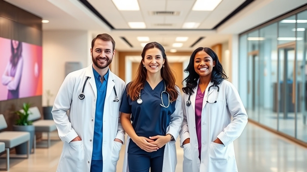 Diverse group of three healthcare professionals in white coats and scrubs standing together in a modern medical clinic lobby, smiling at camera, professional medical environment with clean contemporary design
