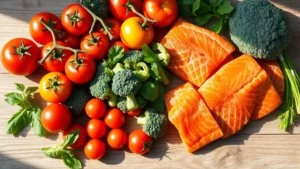 Vibrant assortment of fresh tomatoes, broccoli, and salmon fillets arranged on a wooden table with natural sunlight, emphasizing nutrient-rich whole foods for male wellness