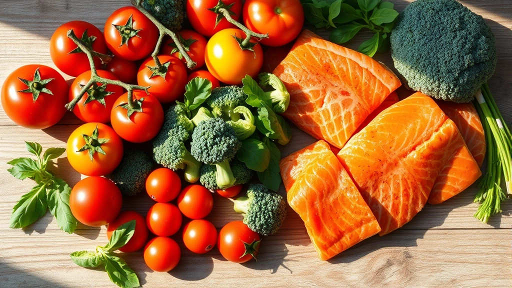 Vibrant assortment of fresh tomatoes, broccoli, and salmon fillets arranged on a wooden table with natural sunlight, emphasizing nutrient-rich whole foods for male wellness