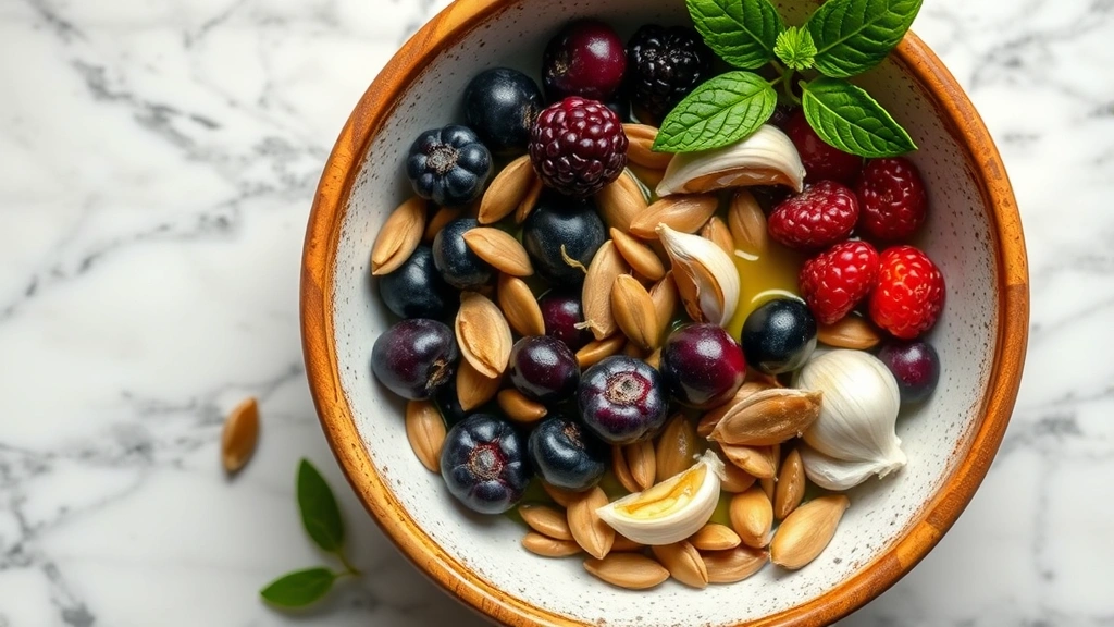 Overhead view of a Mediterranean-style bowl containing mixed berries, pumpkin seeds, garlic cloves, and olive oil drizzle on a marble countertop, promoting prostate health nutrition