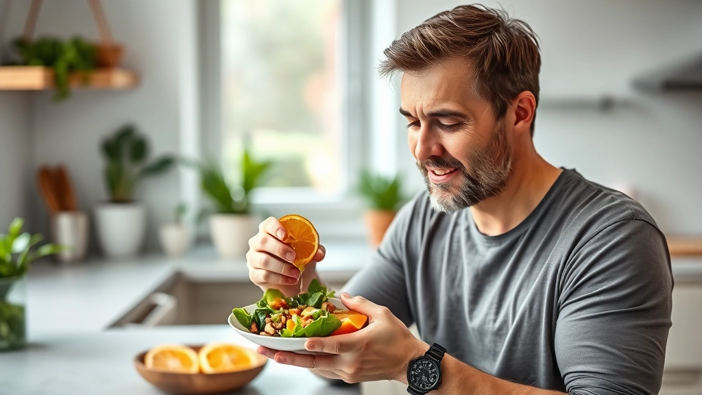 Man in his 40s enjoying a fresh citrus salad with leafy greens, nuts, and olive oil dressing in a bright, modern kitchen setting, depicting healthy eating lifestyle