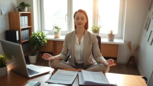 Professional woman meditating peacefully at desk with financial documents nearby, morning light, serene office environment, wealth building focus