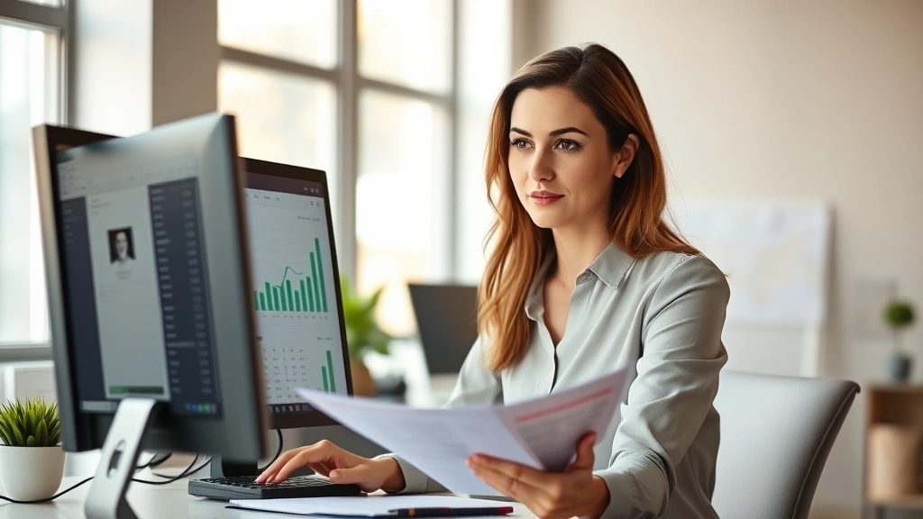 Professional woman in modern office confidently reviewing financial documents and investment portfolio on computer screen, natural lighting, focused expression showing financial competence and wealth building