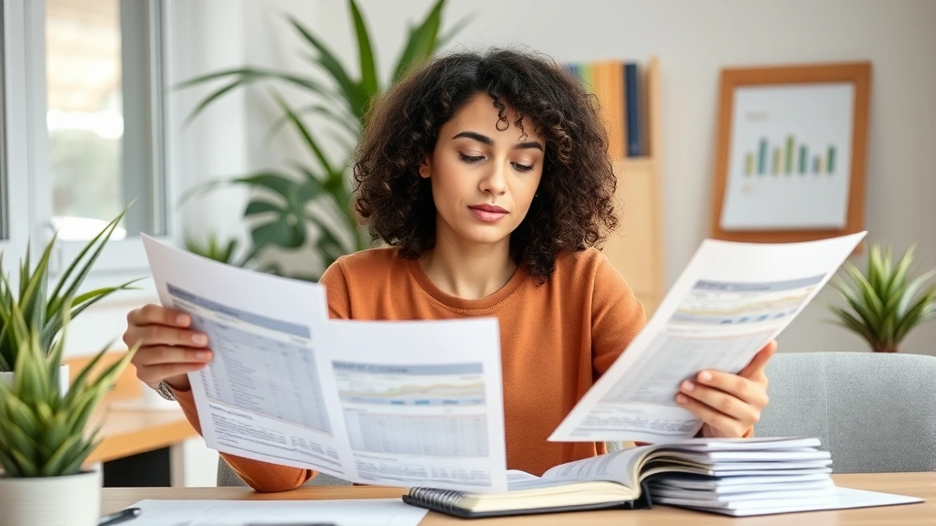 Person mindfully reviewing bank statements and budget with calm focused expression, notebook for financial planning, organized workspace with plants