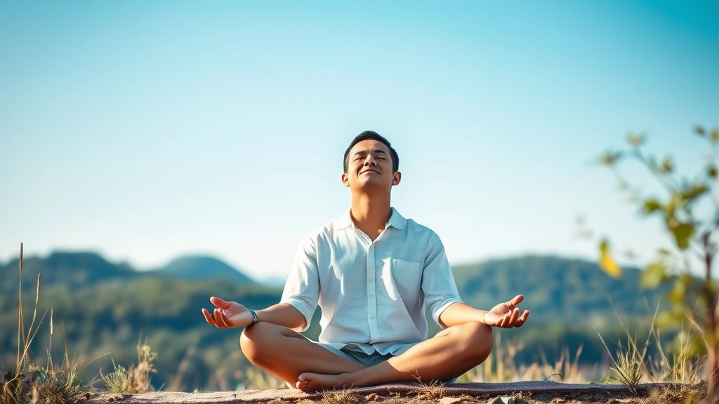 Person meditating peacefully in natural setting with clear sky, representing mental clarity and abundance mindset, calm composed expression, serene environment promoting psychological wellbeing and financial peace