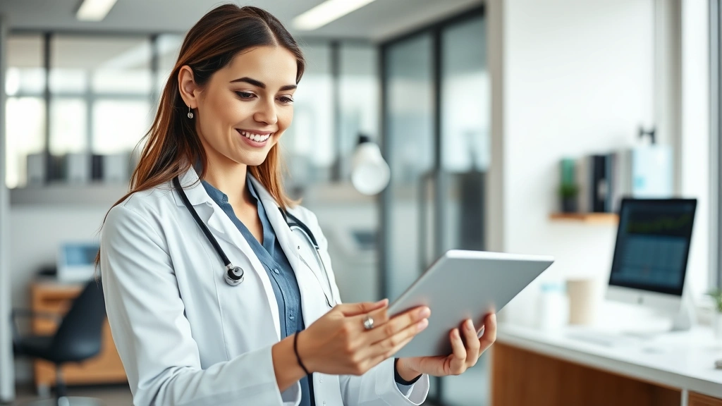 Professional woman reviewing health data on tablet in modern medical office, bright natural lighting, confident expression, contemporary healthcare setting with technology visible in background