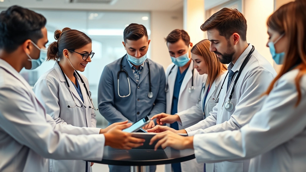 Diverse group of healthcare professionals collaborating around digital interface, reviewing patient data on screens, modern clinic environment, warm professional atmosphere highlighting teamwork