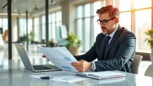 Professional investor reviewing financial portfolio documents at modern desk with laptop and charts, sunlit office environment, confident expression analyzing growth trends