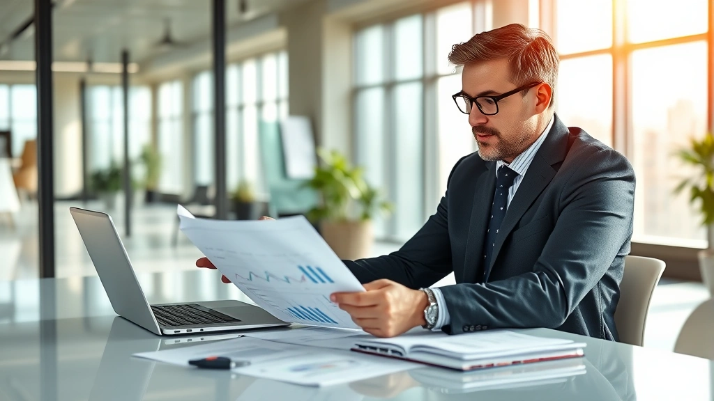 Professional investor reviewing financial portfolio documents at modern desk with laptop and charts, sunlit office environment, confident expression analyzing growth trends