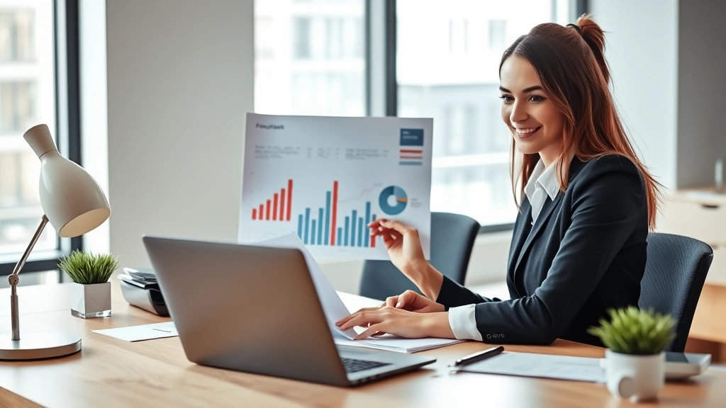 Professional woman reviewing financial documents and growth charts at modern office desk with laptop, confident expression, natural daylight through window