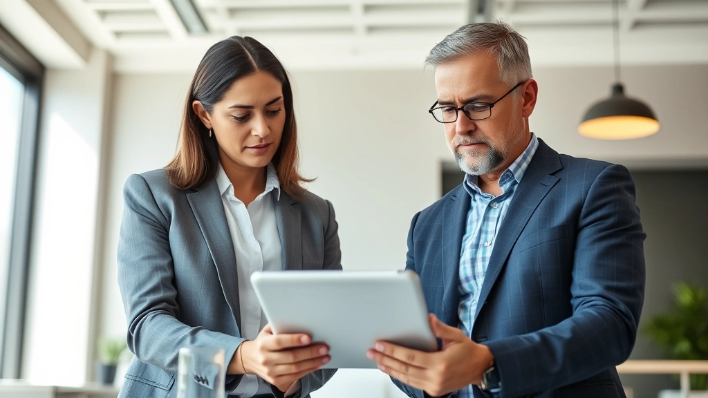 Professional financial advisor meeting with client in modern office, reviewing investment portfolio on tablet, natural lighting, serious focused expressions, contemporary business attire
