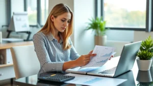 Professional woman reviewing financial documents and investment portfolio at modern desk with laptop, calculator, and charts, natural lighting, focused expression, contemporary office environment