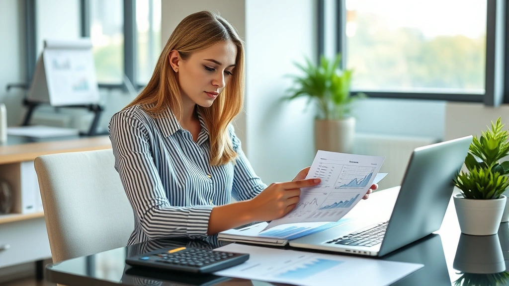 Professional woman reviewing financial documents and investment portfolio at modern desk with laptop, calculator, and charts, natural lighting, focused expression, contemporary office environment