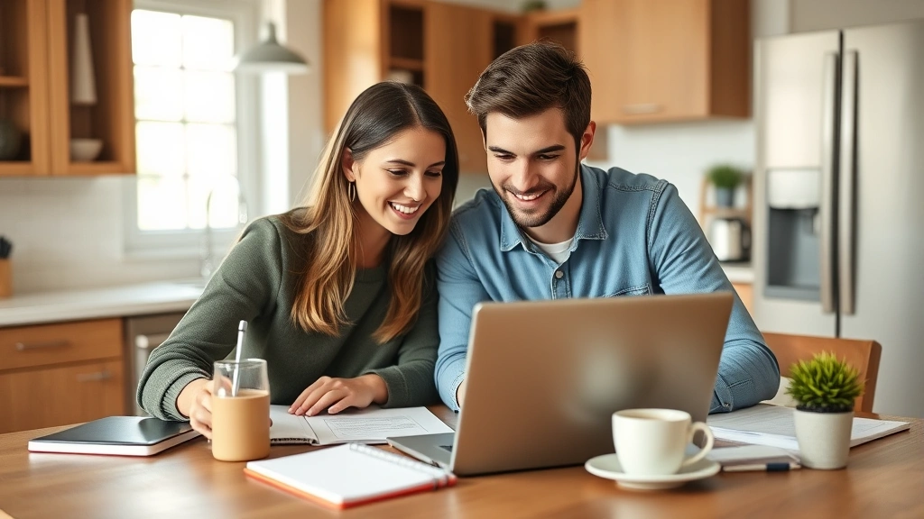 Young professional couple reviewing budget together at kitchen table with laptop, notebooks, and coffee, natural lighting, collaborative financial planning moment