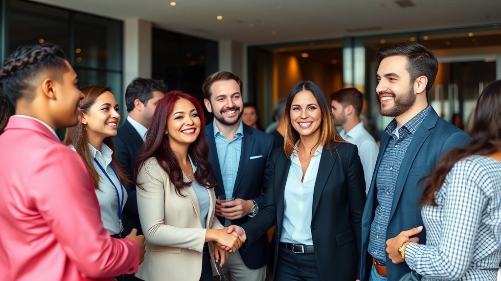 Diverse group of professionals in business casual attire networking at upscale venue, smiling and shaking hands, modern office building background